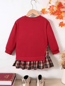 Elladie kids 女童连衣裙，250克休闲长袖卫衣，格子裙摆，学院风女童连衣裙，罗纹领格子下摆拼接长袖卫衣裙，春秋季