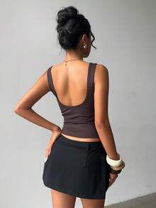 Aloruh Women's Elegant Sexy Solid Brown Round Neck Pleated Wide Strap Backless Tight Fitting Camisole, Autumn/Winter - Brown - View 2