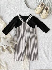 Playful Pals Infant Boys' Casual Striped Suspender Pants & Long Sleeve Round Neck Top Set, Autumn/Winter