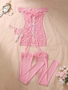 SHEIN 2 件套内衣套装：蕾丝拼布交叉带露肩睡袍 + 丁字裤，性感迷人，适合女性外出 - 淺粉色 - 查看 2