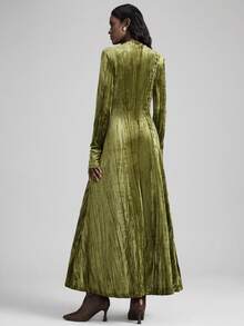 Ontre 2026 Women's Olive Green Pleated Velvet Long Sleeve Dress,Autumn Elegant Dining Outfit,Stand Collar Cinched Waist Flared Hem High-End Business Attire - Dark Green - View 4