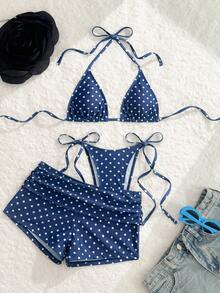 Vaytide Summer New Beach Vacation Party Afternoon Tea Blue & White Polka Dot Micro Triangle High Cut Side Tie Ruched 3 PiecesWomen Swimsuit Set Pokadot Bikini Navy Blue Bikini Set Polka Dot Bathing Suit Polkadot Bikini - Royal Blue - View 7