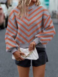 SHEIN LUNE Suéter holgado de mujer con patrón de zigzag, de caída de hombros, para otoño/invierno - Gris - Ver 6