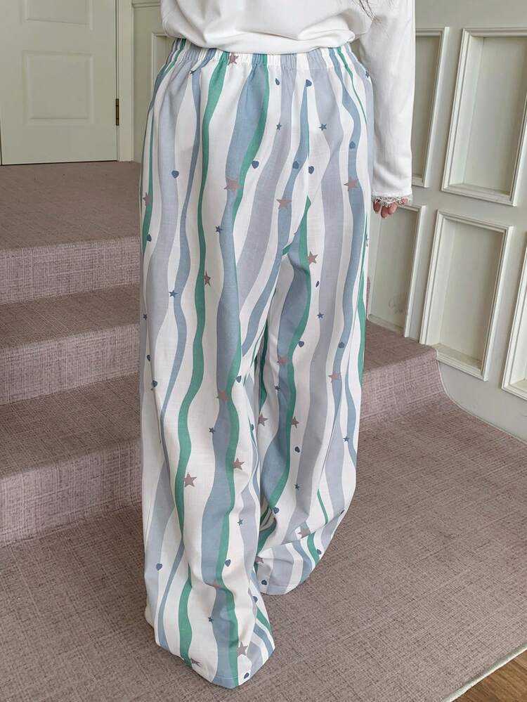 Dazy Plus Plus Size Women Elastic Waist Loose Straight Leg Striped & Star Pattern Sleep Pants, Loungewear, For Fall & Winter