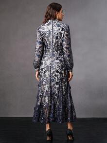 Anewsta Váy dài tay lưới thêu hoa thanh lịch màu sâm panh, trang phục nghỉ dưỡng sang trọng dành cho nữ, phù hợp cho mùa xuân, mùa hè, lễ hội, tiệc tùng, đám cưới và những dịp đặc biệt - Màu xanh hải quân - Xem 2