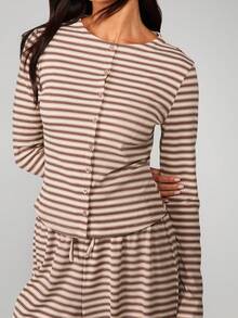 MISSGUIDED Striped Button Through Long Sleeve Co Ord Matching Lounge Wear Casual Fall Winter - Coffee Brown - View 5