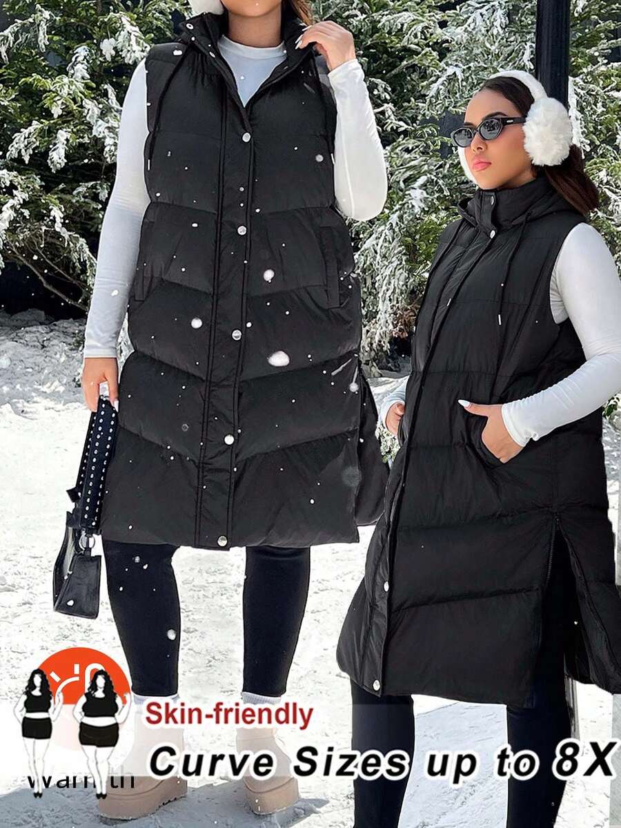 SHEIN CURVE+ Chaleco largo y grueso talla grande, a prueba de viento y cálido, ropa de mujer para otoño e invierno - Negro - Ver 1