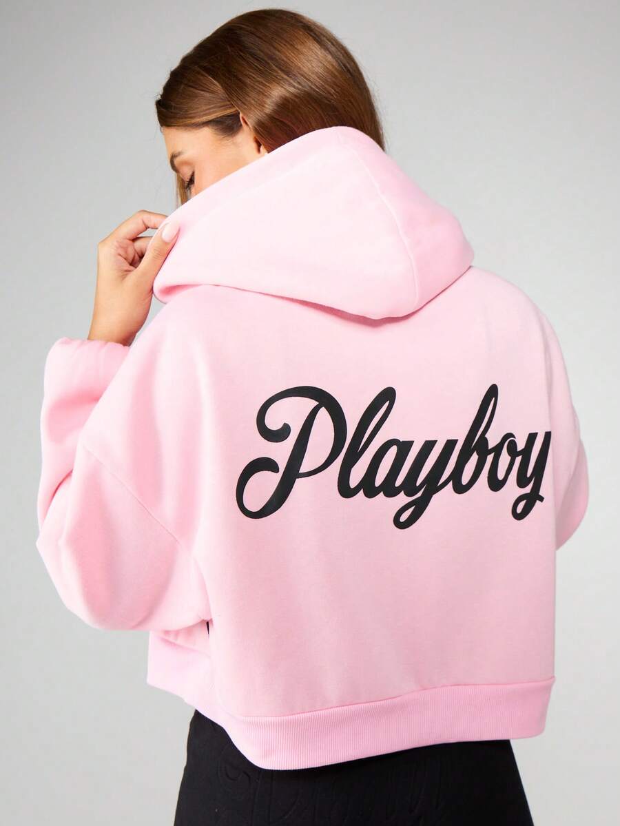 Missguided x Playboy Sudadera con capucha clásica con logotipo de guión retro, longitud acortada, mangas abultadas, ropa de estar en casa y ocio para otoño e invierno, cómoda y casual, moda moderna - Rosa - Ver 1