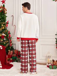 Manfinity RelaxMax 1 套男士圣诞字母和圣诞树印花 Ringer 运动衫和格子宽松裤，家庭装 - 紅白色 - 查看 2
