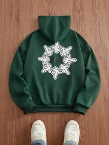 Manfinity VCAY 男士休闲口袋抽绳连帽衫，带手印，秋季，秋冬 - 綠色 - 查看 1