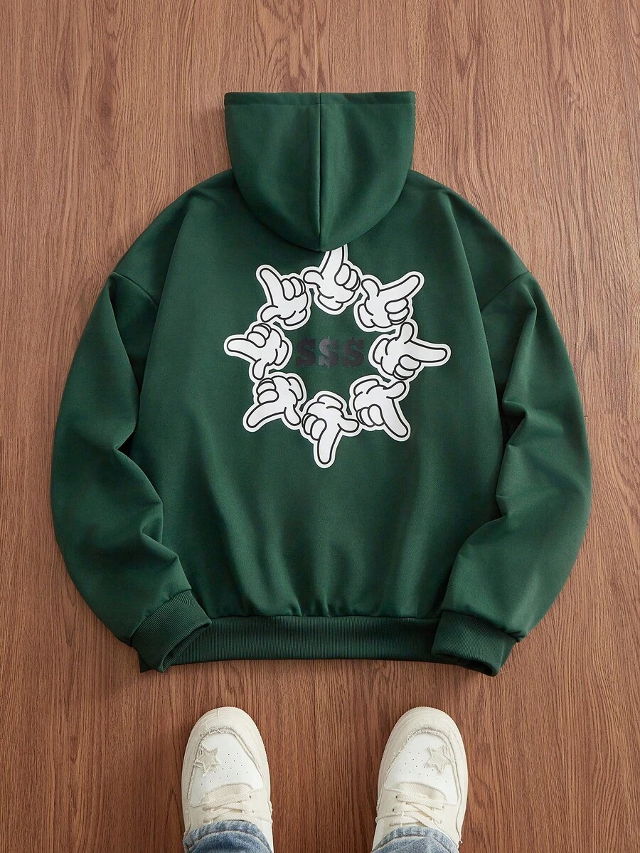 Manfinity VCAY 男士休闲口袋抽绳连帽衫，带手印，秋季，秋冬 - 綠色 - 查看 1