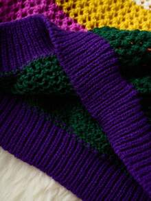 Maweii Pull décontracté pour femmes grandes tailles avec col rond, rayures contrastées et effet ajouré - Prune - Voir 7