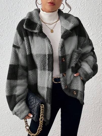 INAWLY Chaqueta regular de manga larga con botones frontales y estampado de cuadros de franela para mujer