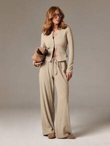 AiiRZ 罗纹针织两件套长袖开衫阔腿裤家居服秋冬休闲装 - 杏色 - 查看 3