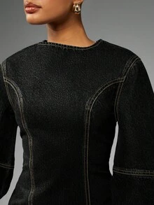 MISSGUIDED 修身迷你牛仔连衣裙，茧型袖，撞色缝线，适合秋季休闲穿着 - 黑色 - 查看 4