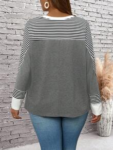 EMERY ROSE Plus Size Casual Loose Fit Round Neck Striped Batwing Long Sleeve T-Shirt - Grey - View 2