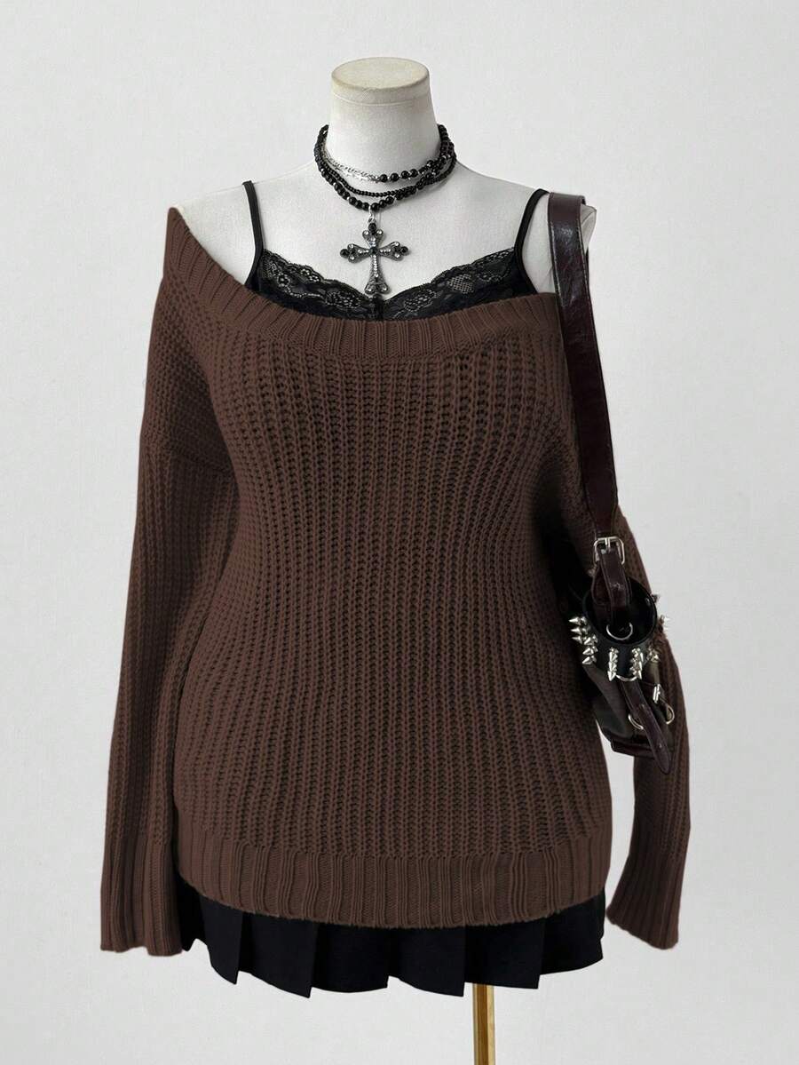 Sunspun Oversized Cozy Willow Striped Texture Apricot Crew Neck Pullover Sweater, Autumn/Winter - Coffee Brown - View 1
