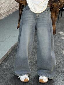 DAZY 青少年女童高腰口袋阔腿宽松休闲百搭牛仔裤 - 中等水洗藍 - 查看 6