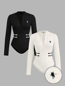 SHEIN EZwear 2pcs Women Casual Stand Collar Half Zip Front Skinny Bodysuit Set, Ribbed Fabric, Riding Horse Logo Print Autumn And Winter