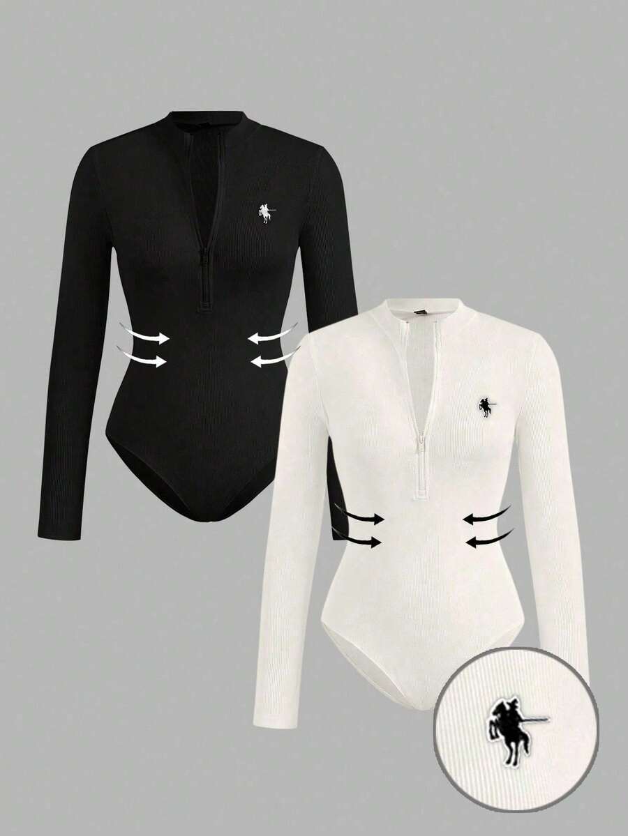 SHEIN EZwear 2pcs Women Casual Stand Collar Half Zip Front Skinny Bodysuit Set, Ribbed Fabric, Riding Horse Logo Print Autumn And Winter