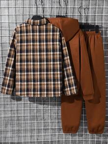 SHEIN 兒童 3件組 青少年男孩休閒格紋襯衫 + 連帽衛衣 + 棕色冬季長褲，適合上學、日常穿著、運動，百搭簡約 - 棕色 - 查看 4