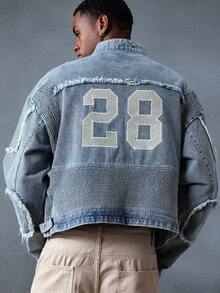 ROMWE MEN Street Life Men's Casual Washed Denim Jacket With Embroidered Digits, Autumn - Blue - View 4