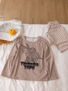 2 件男童柔软舒适薄睡衣套装，可爱卡通恐龙格子印花，休闲宽松长袖上衣和裤子睡衣 - 棕色 - 查看 3