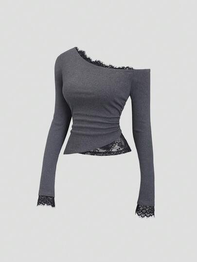 Sweetra 美式性感蕾丝拼接斜肩修身不对称下摆高端女上衣，秋冬