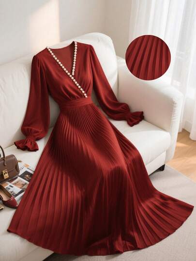 Franclia Elegant Women's Party Dress With Pearl V-Neck Puff Sleeves Fitted Waist And Pleated Skirt Perfect For Autumn And Winter.New Year Women's Clothes Red Dress For Women