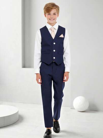 SHEIN 3 件套青少年男孩韩版修身商务正装西装背心、直筒裤和可拆卸领带 3 件套，适合日常穿着、宴会、派对、主持、唱歌表演等场合，适合夏季、春季和秋季