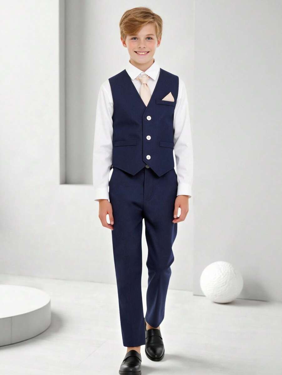 SHEIN 3 件套青少年男孩韩版修身商务正装西装背心、直筒裤和可拆卸领带 3 件套，适合日常穿着、宴会、派对、主持、唱歌表演等场合，适合夏季、春季和秋季 - 藏蓝色 - 查看 1