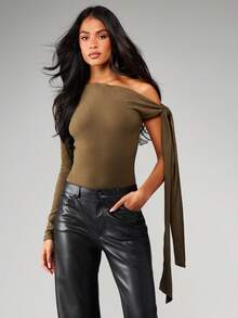 MISSGUIDED One Shoulder Draped Bodysuit With Long Sleeve Tie Detail For Evening Party Occasions - Army Green - View 1
