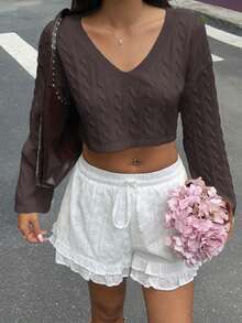 Flirla 女式性感V领落肩长袖短款毛衣，秋冬 - 巧克力棕 - 查看 6