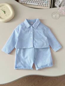 3 件套女婴条纹衬衫、松紧腰裤和吊带背心，春夏 - 藍色 - 查看 5