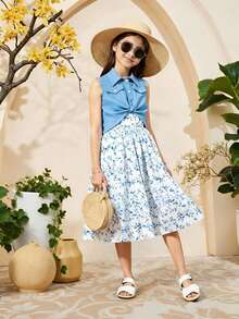 Tween Girls' Solid Front Button Sleeveless Top And Full Allover Print Spaghetti Strap Dress Summer Casual 2pcs/Set,Holiday,Summer,Travel - Royal Blue - View 1