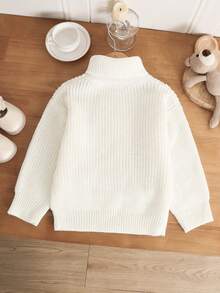 SHEIN Genkimix Kids 1 件女童套头衫，高领钻石纹理，纯色，百搭宽松，柔软舒适，常规厚度，下摆整齐，适合秋冬季休闲穿着、外出和日常生活 - 白色 - 查看 2