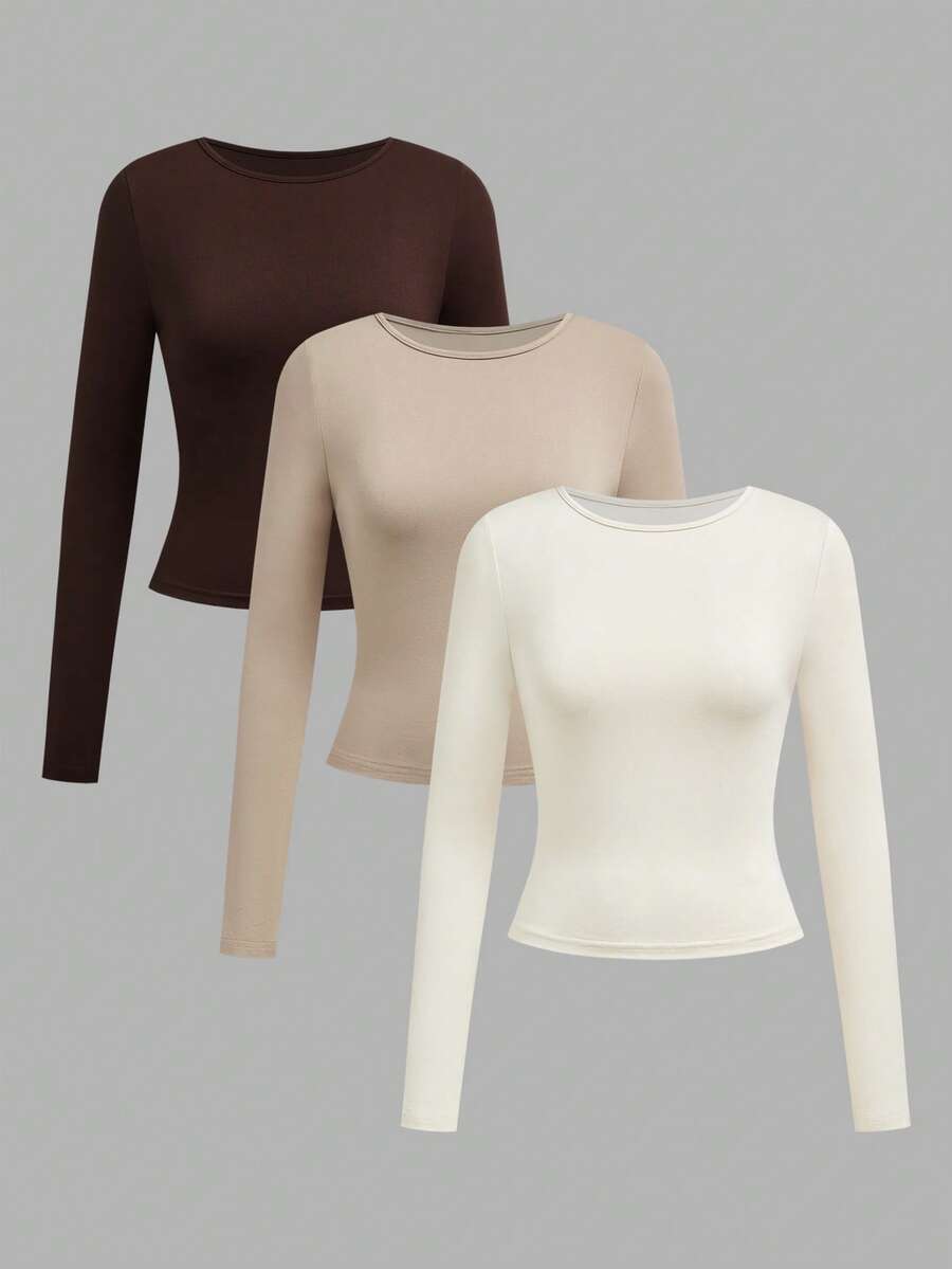 SHEIN EZwear 3 件套女士休闲宽领紧身长袖 T 恤套装,适合春秋季 - 彩色 - 查看 1