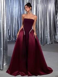 Vowa Váy chữ A xòe siêu dài đính hạt màu trắng sang trọng, phối ren đen thanh lịch, có dây buộc phía sau có thể điều chỉnh, thích hợp cho các buổi hẹn hò, tiệc độc thân, đám cưới, sự kiện, kỳ nghỉ, mùa tựu trường, dạ tiệc trang trọng - Màu Đỏ Sâu - Xem 4