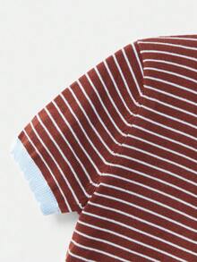 SHEIN Unity Women's Autumn Knitted Two Pieces Set,Camel Blue And White Stripe Contrast Embroidery Round Neck Short Sleeve Casual School Back-To-School Y2K Retro - Multicolor - View 6