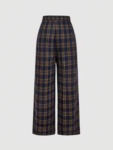 SHEIN MOD Pantalones anchos de cintura alta elegantes de talla grande, a cuadros retro, para uso urbano y comunitario, para la iglesia y la Navidad - Multicolor - Ver 2