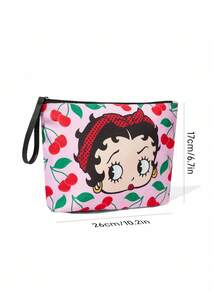 Betty Boop x SHEIN 1个卡通图案印花轻质涤纶纤维化妆包，适合收纳化妆品、文具、日用品、数码产品，非常适合通勤、上学、旅行，男女老少皆宜，学生适用，趣味十足，樱桃图案，是送礼佳品，也适合派对、节日、情人节等场合。 - 彩色 - 查看 6