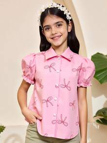 女孩粉色蝴蝶结印花短款泡泡袖纽扣衬衫