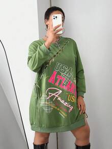 Slaydiva 2025 Autumn/Winter New Plus Size Street Style & Casual & Daily Wear & Music Festival & Party English Graphic Print Single Side Slit Tie-Up Long Sleeve Hoodie Sweatshirt For Plus Size Women,Christmas