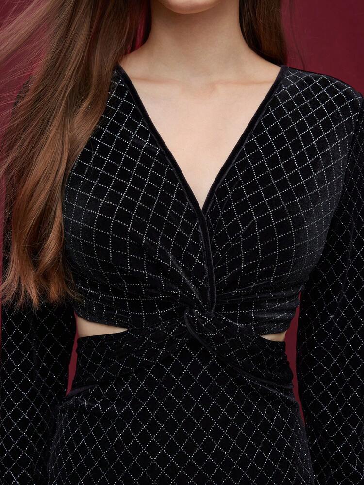 SHEIN Maija Black Velvet V-Neck Plaid Design Long Sleeve Twist Waist Hollow Out Dress, Suitable For Christmas, Party, And Gatherings Women Dresses Autumn Winter Cozy Fall And Winter Clothes For Women Elegant Dresses For Party Sequin Dress Winter Dresses For Women Maija Fall Winter 2025 Women Sequin Dress Black Dress Stylish Clothing Collection,Wedding Guest Dress Women Unique Dress Cut Out Dresses New Year Dress