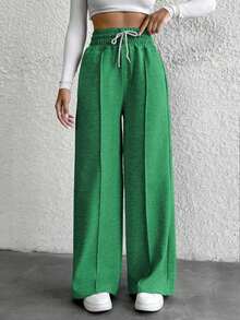 EURMUSE Cotton Petite Drawstring Waist Wide Leg Pants - Dark Green - View 4