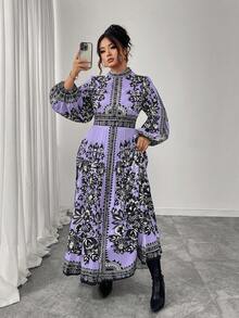 Elenzga Váy xòe dài xếp ly cỡ lớn dành cho nữ, màu đen và mơ, cổ tròn, thắt eo, thon gọn, tay dài, thanh lịch cho tiệc trà chiều và đi chơi, váy dài họa tiết Paisley - Màu tím hoa cà - Xem 4