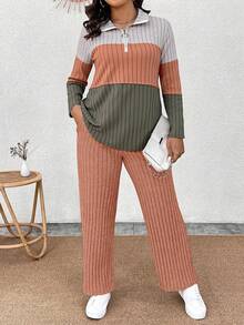 EMERY ROSE Conjunto informal de 2 piezas de camiseta de manga larga con cuello, cremallera y bloques de color de punto suave y pantalones acanalados suaves para tallas grandes - Multicolor - Ver 4