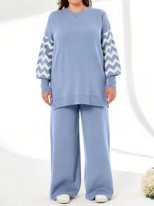 SHEIN Cottnline Striped Color Block Sweater And Pants Two Pieces Set - Baby Blue - View 4