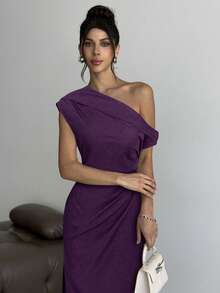 Firerie 女式不对称肩部褶皱开衩中长连衣裙，优雅亚麻混纺面料，适合商务休闲、外出、旅行、返校、约会、通勤 - 紫色 - 查看 7