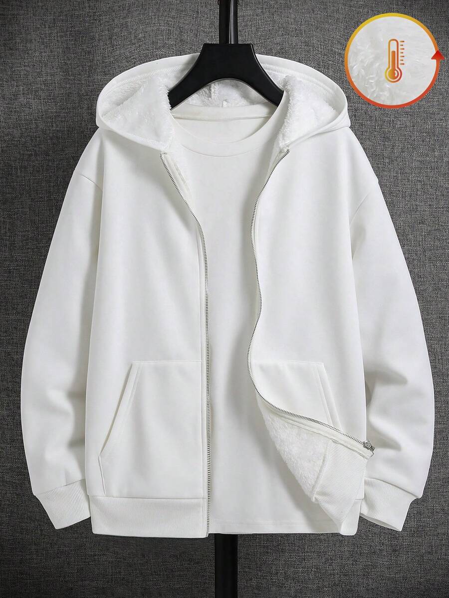 SHEIN 青少年/青少年男孩休闲日常纯色宽松连帽运动衫针织运动衫 - 白色 - 查看 1